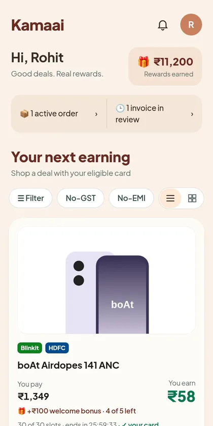 Kamaai app showing live deals and rewards earned